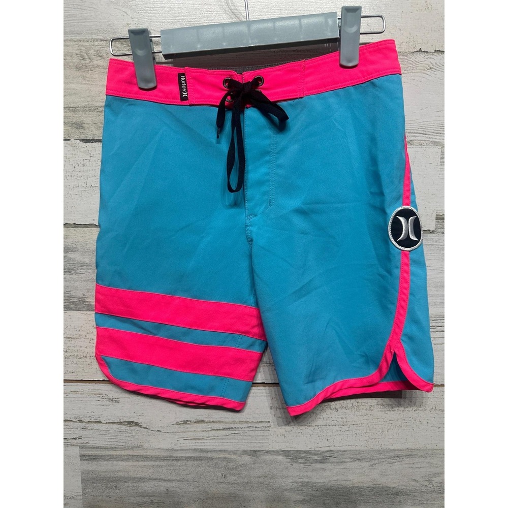 Hurley Swim Trunks Boys 8 Teal Neon Pink Striped Board Shorts EUC